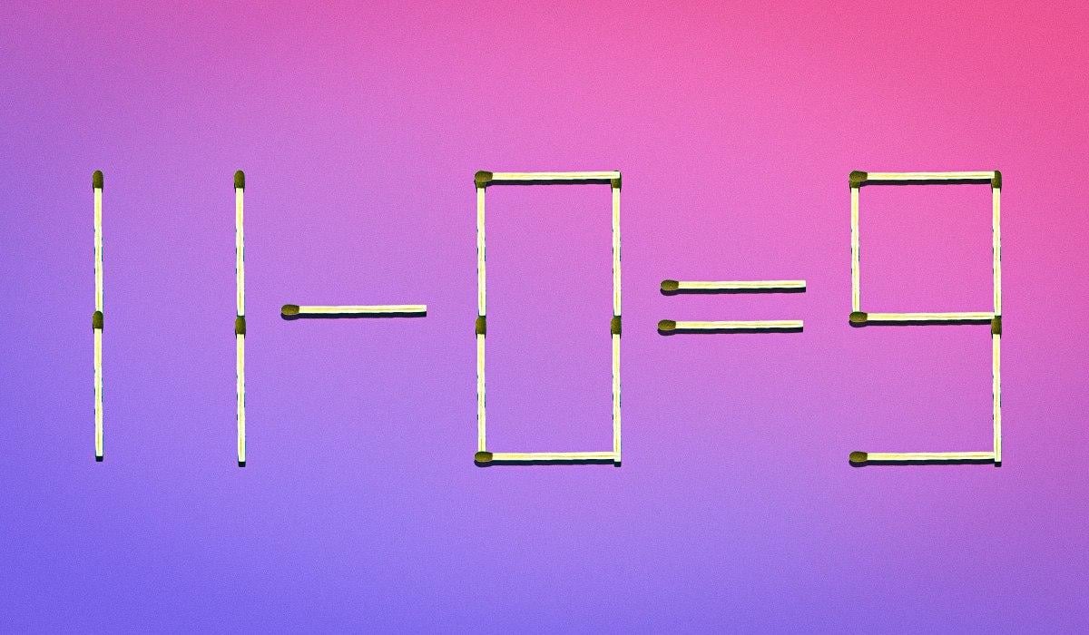 For at gøre ligningen korrekt skal du tage den øverste venstre tændstik fra tallet 9 og sætte den midt på tallet 0. Det vil gøre tallet 9 til 3, og tallet 0 til 8. Dermed får vi den korrekte ligning: 11 - 8 = 3.Moje collage